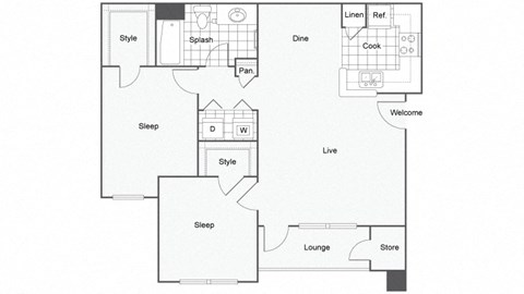 Floor plan for 2 beds, 1 bath, 898 sqft
